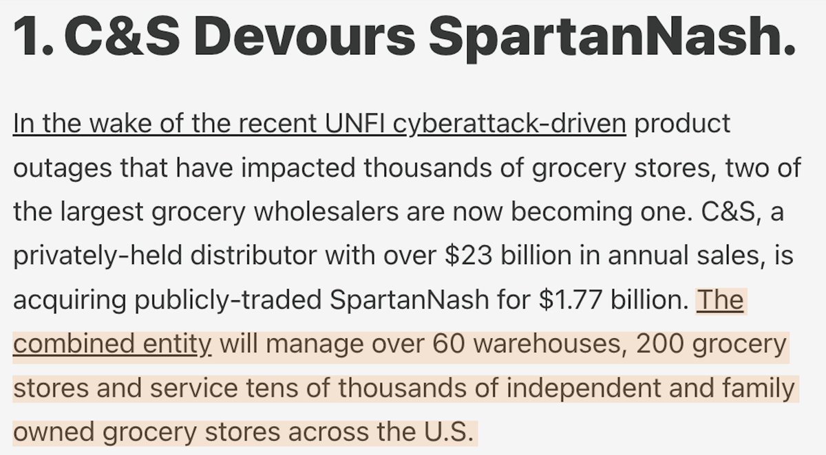 Farm Action (@farmactionus) on Twitter photo The grocery wholesale sector was already too concentrated.
This merger will harm smaller farms, grocers, and consumers, and make our food system more fragile. As <a href="/grocery_nerd/">Errol Schweizer</a> writes, "shareholders are the biggest winners of wholesale consolidation." ▶️
grocerynerd.substack.com/p/grocery-upda… The grocery wholesale sector was already too concentrated.
This merger will harm smaller farms, grocers, and consumers, and make our food system more fragile. As <a href="/grocery_nerd/">Errol Schweizer</a> writes, "shareholders are the biggest winners of wholesale consolidation." ▶️
grocerynerd.substack.com/p/grocery-upda…