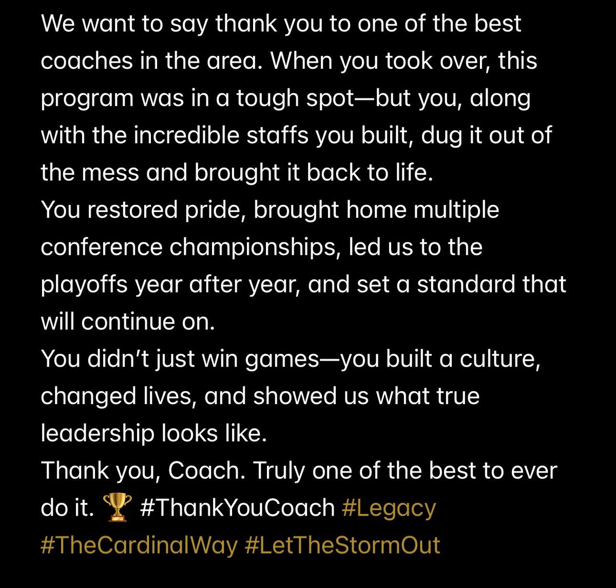 CaseCardinalsFB's tweet photo. To one of the best coaches in this Area!

#ThankYouCoach #Legacy #TheCardinalWay #LetTheStormOut
@Coach_Palladino @CaseSports https://t.co/r5ZwCWI3wa
