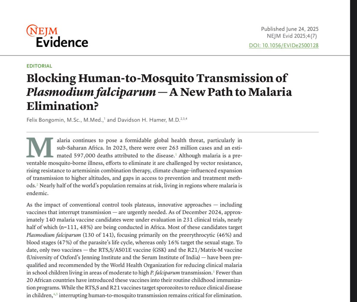 Blocking Human-to-Mosquito Transmission of Plasmodium falciparum — A New Path to Malaria Elimination? | NEJM Evidence evidence.nejm.org/doi/abs/10.105…