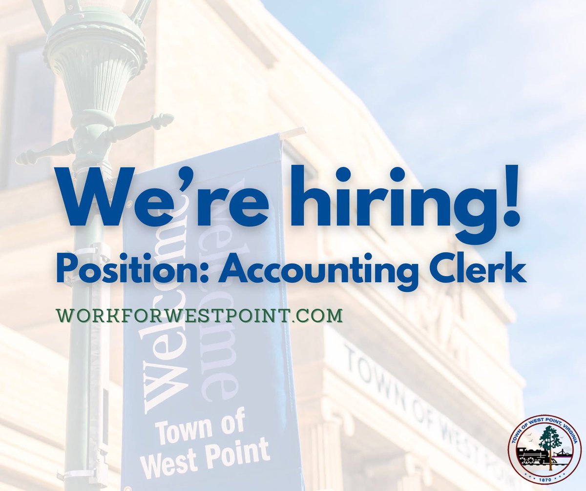 📣 The Town of West Point is hiring a full-time Accounting Clerk! $41,752.46 salary + full benefits. Grow your career &amp; serve your community! Apply: workforwestpoint.com