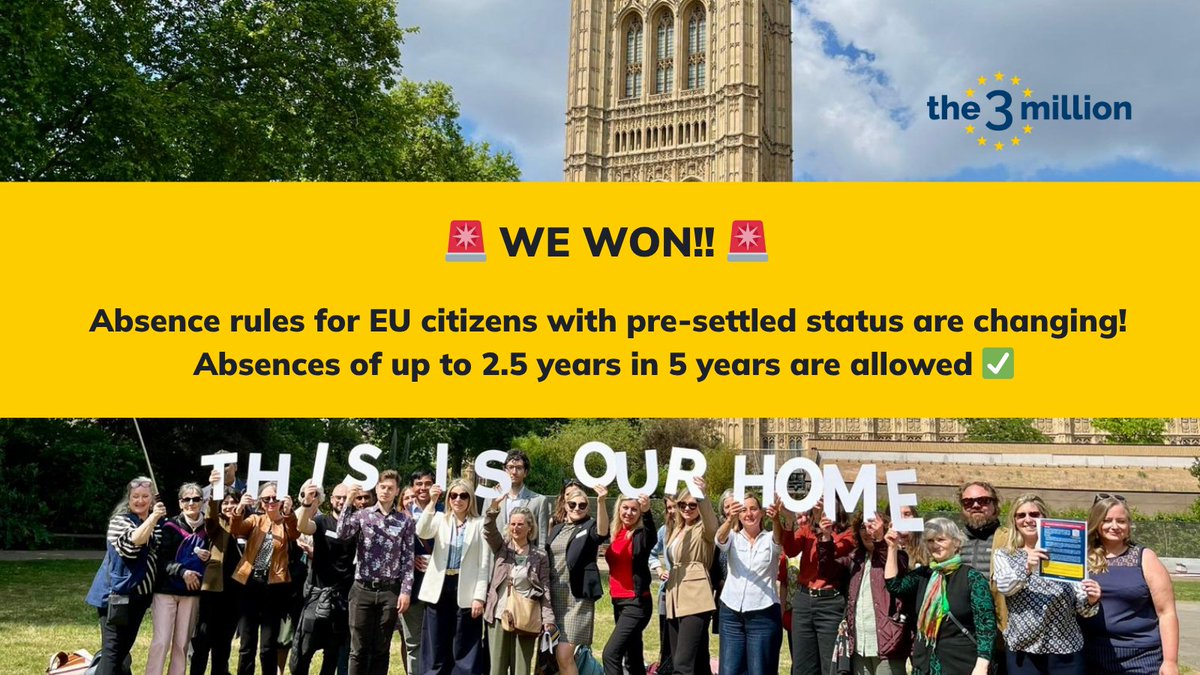 🚨 WE WON!! Absence rules for people with pre-settled status are changing: absences of up to 2.5 years in 5 years are allowed. 🧵