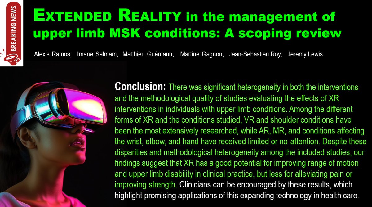 📢 📢 JUST PUBLISHED
‼️Open Access🔓

EXTENDED REALITY in the management of upper limb MSK conditions: A scoping review

Journal of Hand Therapy
sciencedirect.com/science/articl…