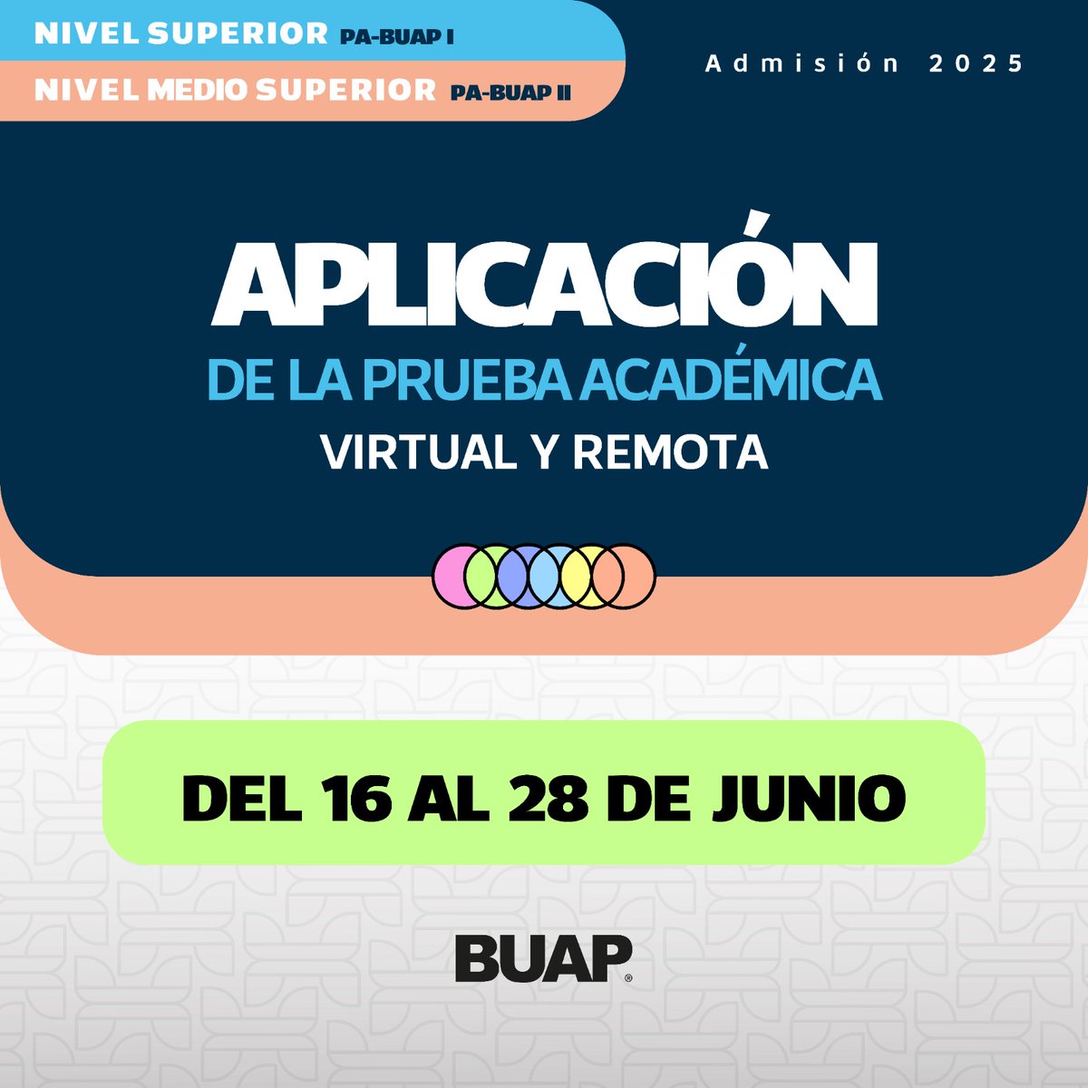 rrtlaxcala's tweet photo. *Aplicación de la PA-BUAP para nivel Medio Superior y Superior.

Del 16 al 28 de junio de 2025.

Recuerda que la fecha y horario de tu PA-BUAP consulta el link:  https://t.co/BClAnFCZt9

#AdmisiónBUAP2025 #BUAP https://t.co/eTLov86Fon