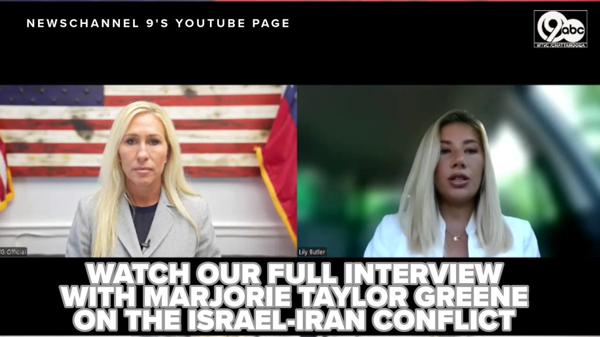 WTVC NewsChannel 9 (@newschannelnine) on Twitter photo FULL INTERVIEW: <a href="/LilyGButler/">Lily Butler</a> interviewed Northwest Georgia Congresswoman <a href="/RepMTG/">Rep. Marjorie Taylor Greene🇺🇸</a> about the Iran-Israel conflict & her controversial tweet earlier in the day on Monday.
WATCH HERE: youtu.be/r4CHnjnnADI FULL INTERVIEW: <a href="/LilyGButler/">Lily Butler</a> interviewed Northwest Georgia Congresswoman <a href="/RepMTG/">Rep. Marjorie Taylor Greene🇺🇸</a> about the Iran-Israel conflict & her controversial tweet earlier in the day on Monday.
WATCH HERE: youtu.be/r4CHnjnnADI