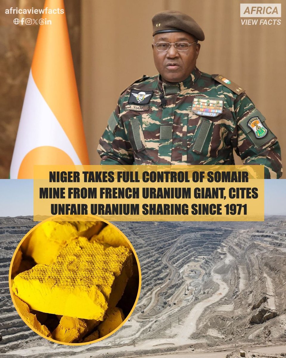 Niger 🇳🇪 says it will take full control of the French-owned Somair uranium mine. 

The Nigerien government accuses Orano, which owned 63.4%, of unfairly taking too much uranium since the mine began in 1971, and of acting illegally and irresponsibly.