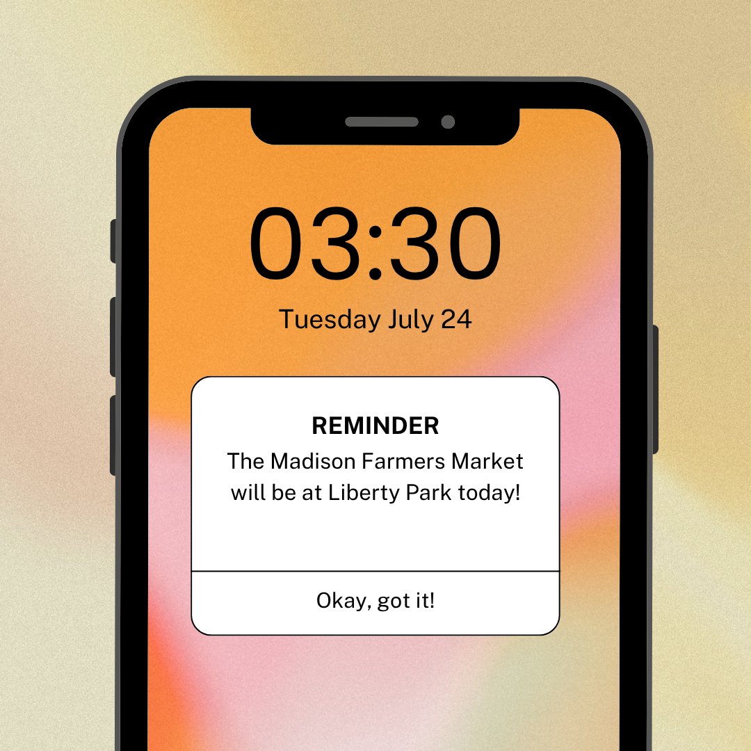 TODAY'S THE DAY!  Madison Farmers Market is open from 3:30-6:30 pm at Liberty Park.  You may enter from Madison Avenue or from Grandview Boulevard across from Wal-Mart.