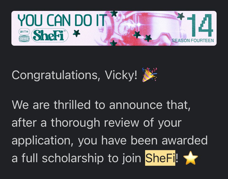 mom i did it

i’m beyond thrilled to join the <a href="/shefiorg/">shefi.eth (💫,💫)</a> family as a season 14 scholar! 

can't wait to grow, learn, and contribute to the web3 community with sm inspiring women 🤩

IM SO EXCITEDDD <a href="/shefiorg/">shefi.eth (💫,💫)</a> #shefischolar #thefrontierisfeminine