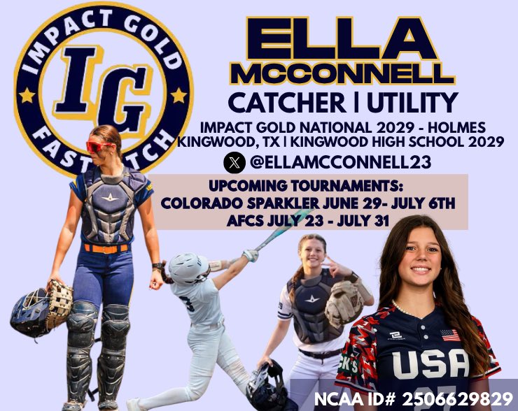 EllaMcConnell23's tweet photo. Headed to the @triplecrownspts Sparkler later this week. First up is the @LSUsoftball camp on Sunday and then the @ImpactGoldOrg Combine on Monday. Tuesday we start pool play - Looking forward to seeing you there. 

@jazzvesely @IGNational2029 @ExtraInningSB @LineDsoftball @D1Softball @KingwoodSB @SoftballHome @KcJackson00