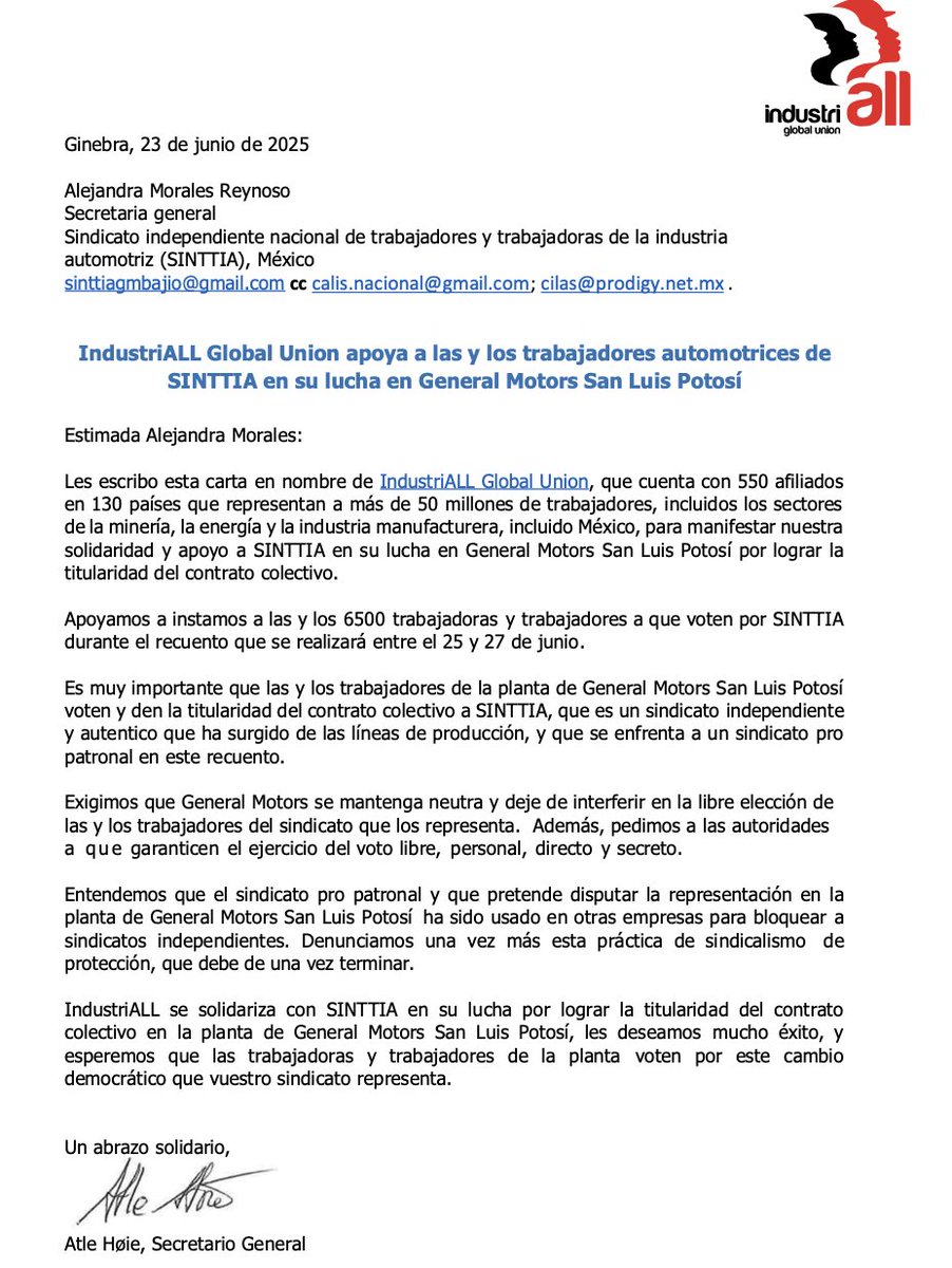 ColmenasOrg's tweet photo. #IndustriALL se solidariza con #SINTTIA en su lucha por lograr la titularidad del contrato colectivo en la planta de @GeneralMotorsMx San Luis Potosí https://t.co/yUuILqApiD