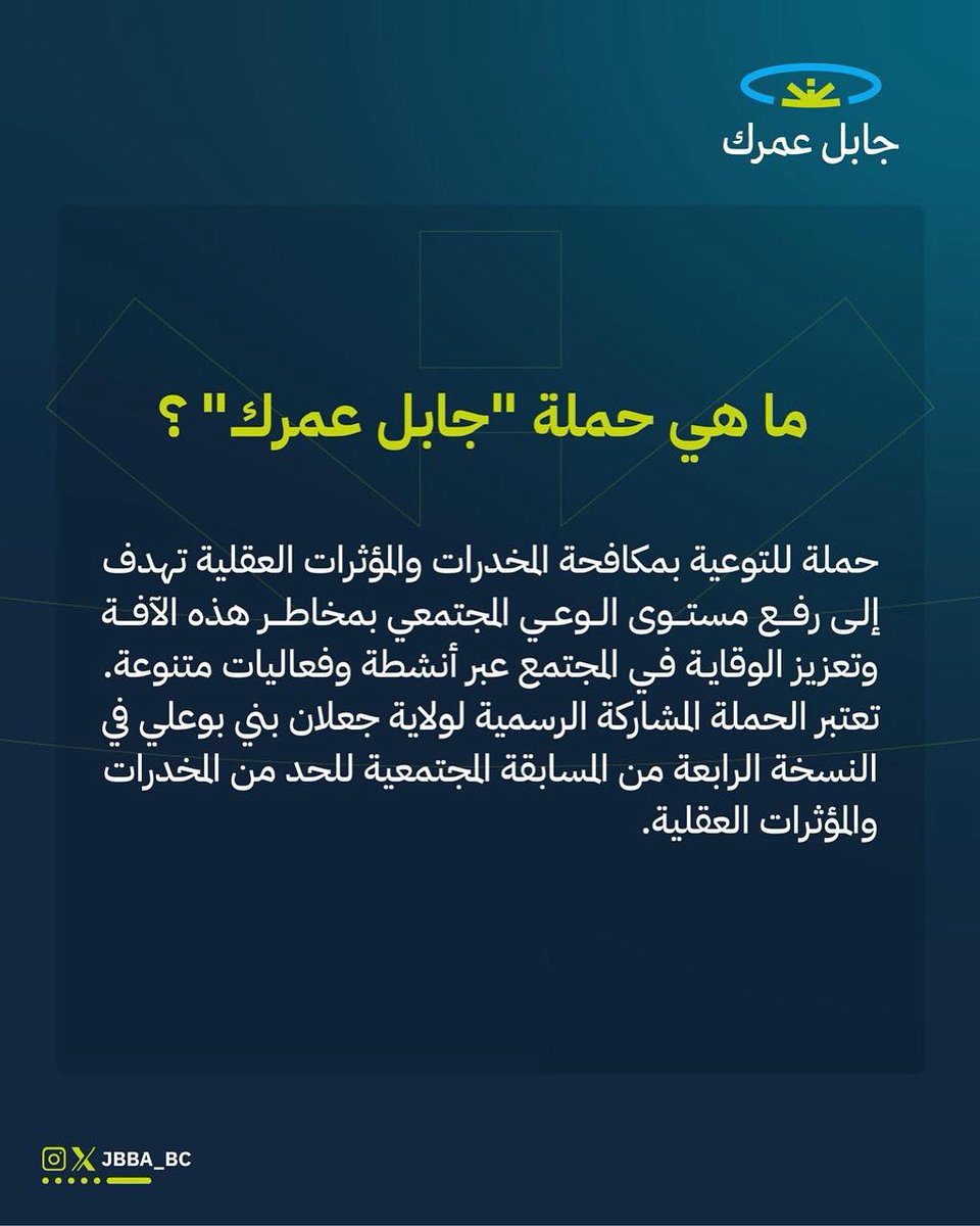 ما هي حملة "جابل عمرك" ؟
حملة للتوعية بمكافحة المخدرات والمؤثرات العقلية تهدف إلى رفع مستوى الوعي المجتمعي بمخاطر هذه الآفة وتعزيز الوقاية في المجتمع عبر أنشطة وفعاليات متنوعة.