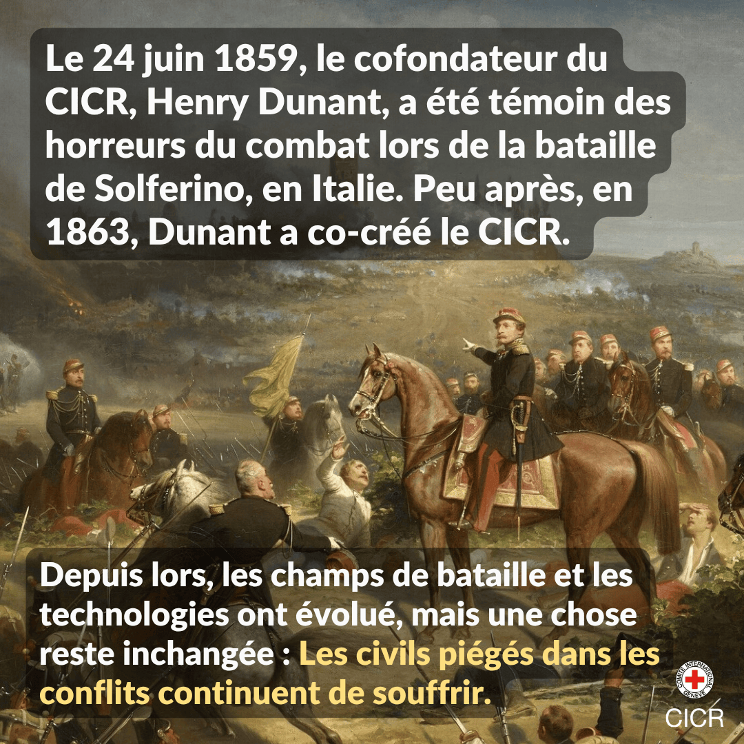 Le 24 juin 1859, Henry Dunant a été témoin des horreurs de la bataille de #Solferino, en Italie.

Pour continuer à soutenir les personnes touchées par les conflits armés, il a co-créé en 1863 le CICR et a mis en place le plus grand réseau humanitaire au monde. 👇🏽
