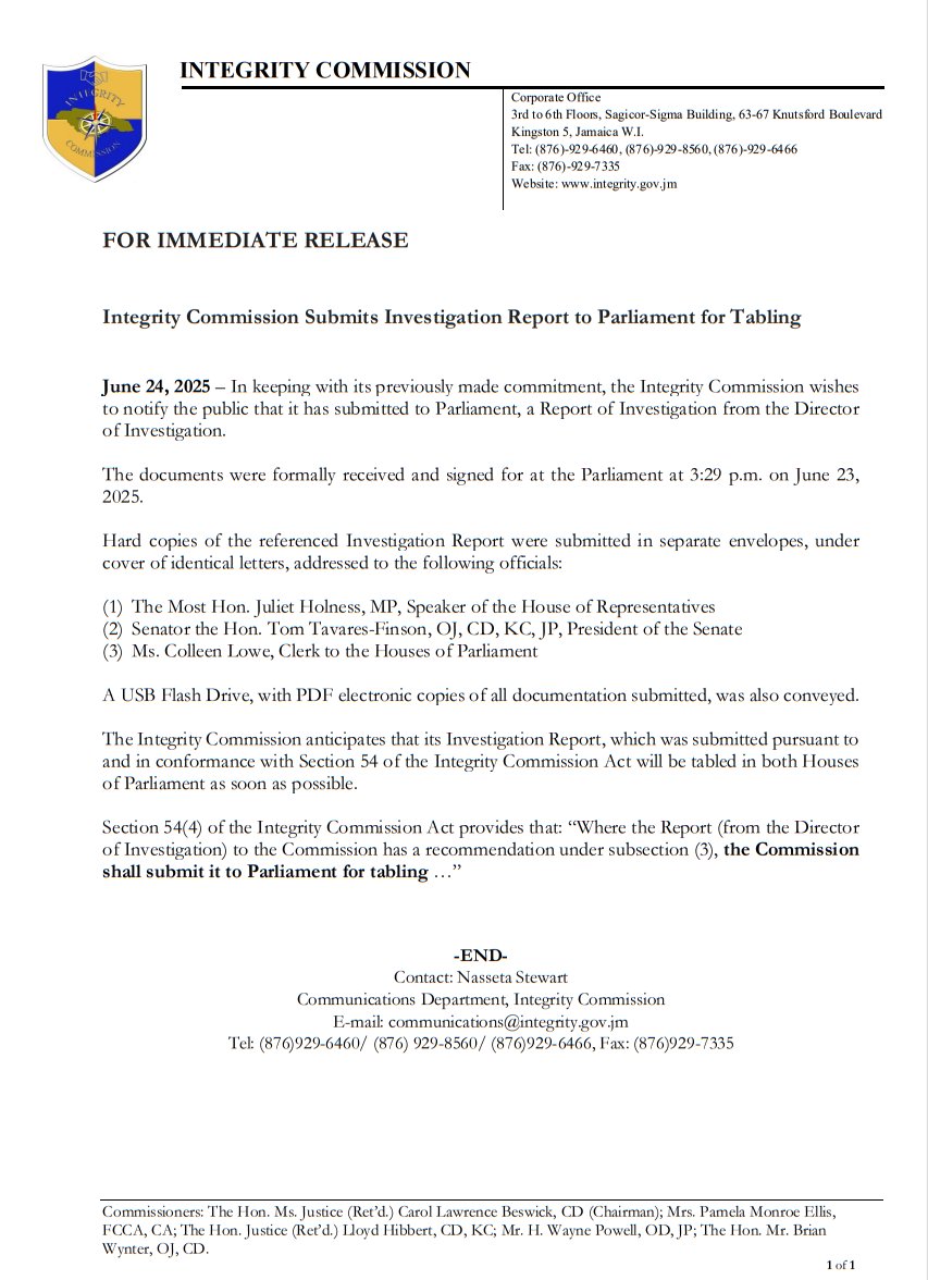 PUBLIC NOTICE- The Integrity Commission Submits Investigation Report to Parliament for Tabling.