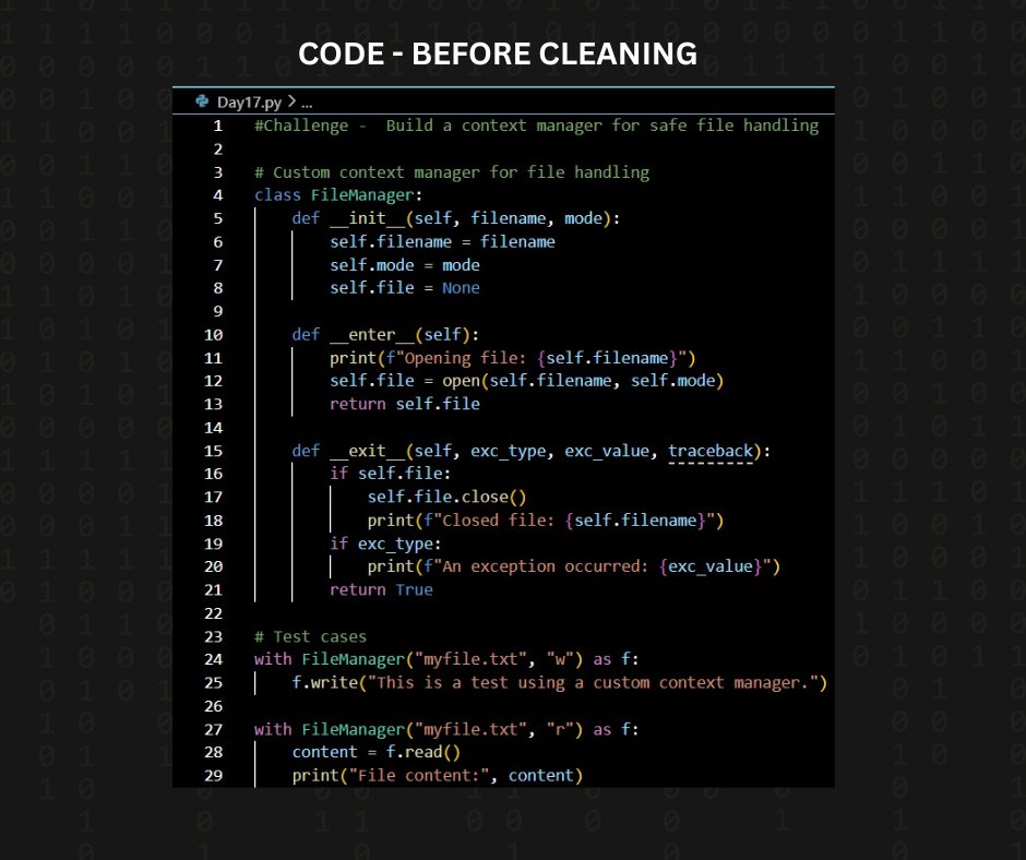 SakhiChatterjee's tweet image. ✅Day 28 of #30DaysOfPython by @indiandataclub
🗒️ Topic: Clean Code & Writing Better Python
🎯 Challenge: Refactor your code or an open-source repo with clean code principles
🔧 What I did:
• Clearer names & structure
• Cleaner, concise logic
💡Readable code = Better code✨