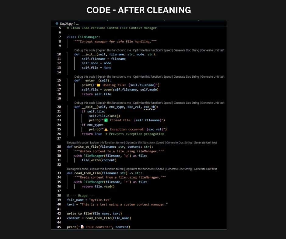 SakhiChatterjee's tweet image. ✅Day 28 of #30DaysOfPython by @indiandataclub
🗒️ Topic: Clean Code & Writing Better Python
🎯 Challenge: Refactor your code or an open-source repo with clean code principles
🔧 What I did:
• Clearer names & structure
• Cleaner, concise logic
💡Readable code = Better code✨