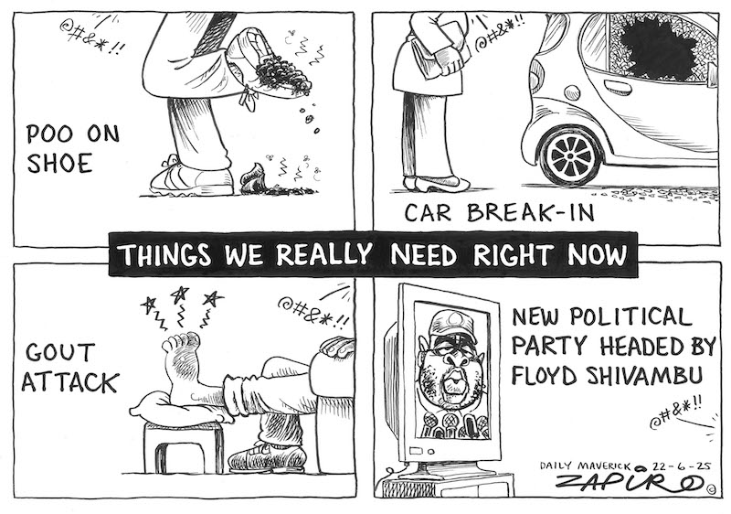 zapiro's tweet image. Zapiro cartoon published on @dailymaverick (22 June 2025) on Noted @FloydShivambu - zapiro.com/250622dm