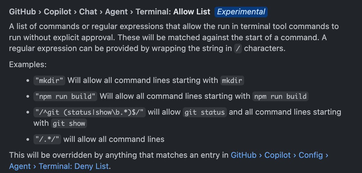Pierce Boggan (@pierceboggan) on Twitter photo New in <a href="/code/">Visual Studio Code</a> Insiders: Control which terminal commands can run without explicit approval in agent mode with an allow/deny list. New in <a href="/code/">Visual Studio Code</a> Insiders: Control which terminal commands can run without explicit approval in agent mode with an allow/deny list.