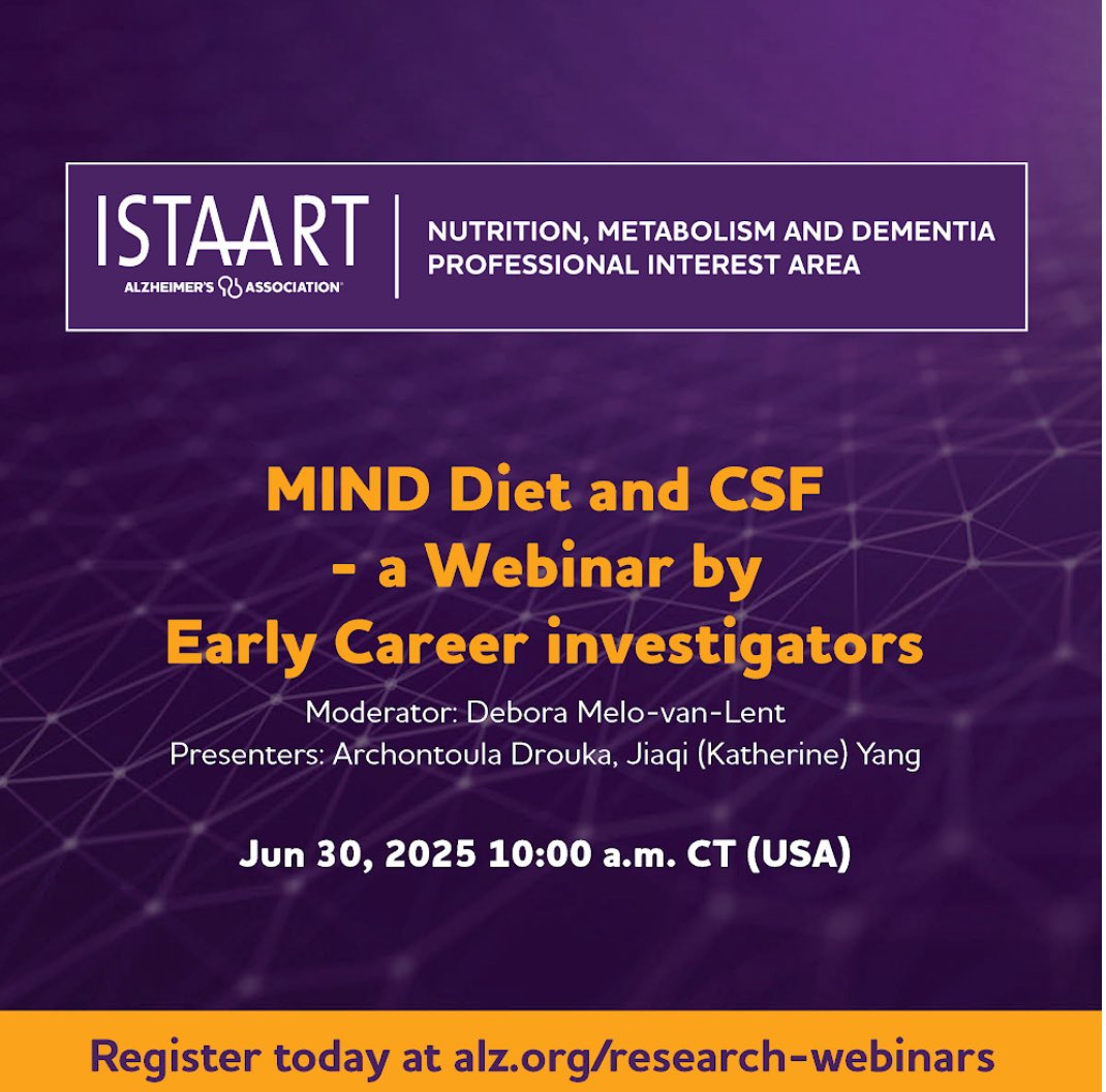 NutritionPIA's tweet image. Our webinar presented by Early Career Investigators on MIND diet and CSF is less than a week away!!!
JOIN US ! June 30th at 10 am CT!
Register: alz-org.zoom.us/webinar/regist…