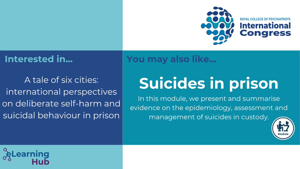 RCPsych eLearning Hub (@rcpsych_elearn) on Twitter photo If you're interested in the #RCPsychIC25 presentation on deliberate self-harm and suicidal behaviour in prison, you may also find our CPD module on suicides in prison to be a useful resource.
Available on the <a href="/rcpsych/">Royal College of Psychiatrists</a> eLearning Hub: bit.ly/4lkkwbN If you're interested in the #RCPsychIC25 presentation on deliberate self-harm and suicidal behaviour in prison, you may also find our CPD module on suicides in prison to be a useful resource.
Available on the <a href="/rcpsych/">Royal College of Psychiatrists</a> eLearning Hub: bit.ly/4lkkwbN