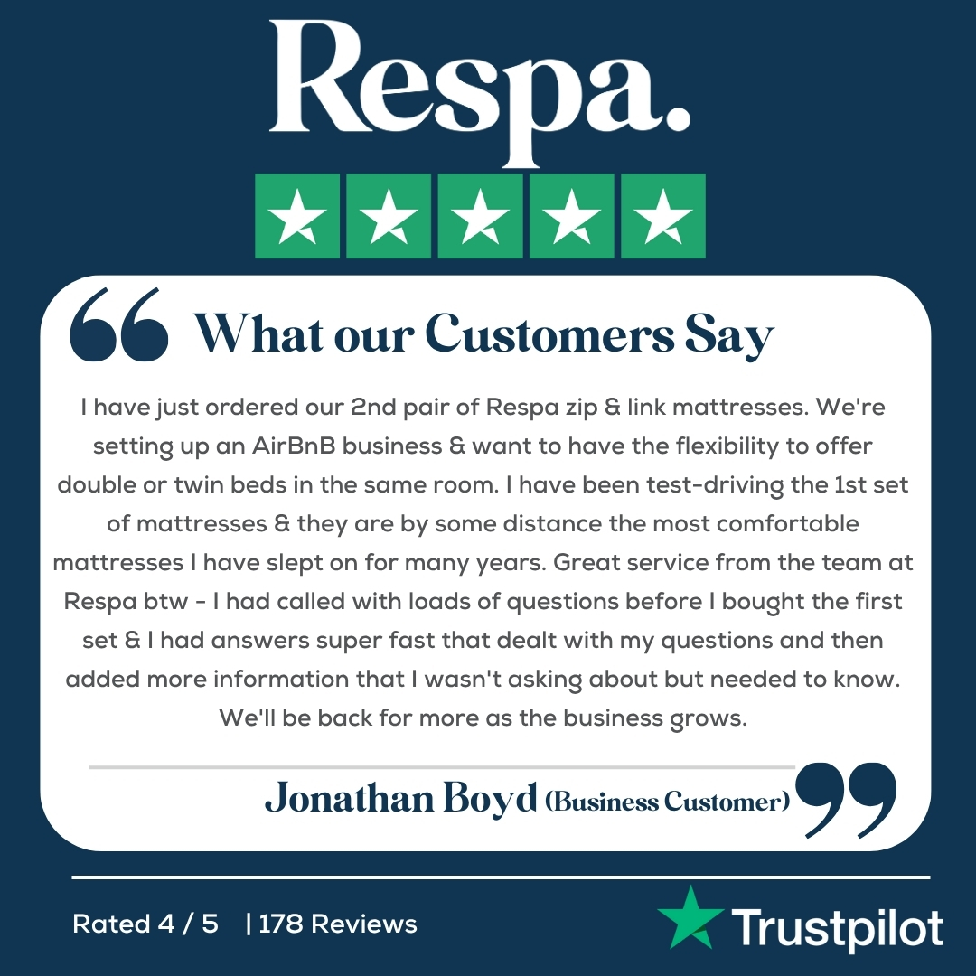 We❤️hearing from our happy customers...Thank you Jonathan for choosing Respa for your Airbnb – we’re delighted you’re sleeping better &amp; wish you every success...From all at the Respa family 🙌
#Respa #RespaBeds #RespaFamily #Respahospitality #trustpilotreviews #customerexperience