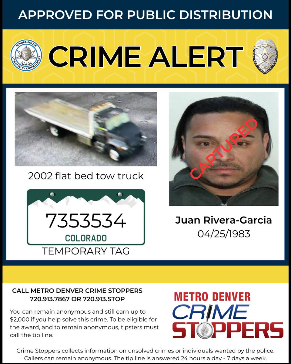 AuroraPD's tweet photo. When our Fugitive and Narcotics Unit developed information that Juan had fled the state and was heading south towards the border, they immediately began coordinating with local, state and federal law enforcement partners, including @TxDPS. 

Thanks to one of their Troopers, Juan is now in custody and will be extradited back to Colorado to be held accountable for his actions.

We want to thank our investigators for their hard work and collaboration across state lines, ultimately leading to the capture of this suspect. The case will now be prosecuted by the @DA18th. 

We appreciate all those who submitted tips and provided information about Juan.