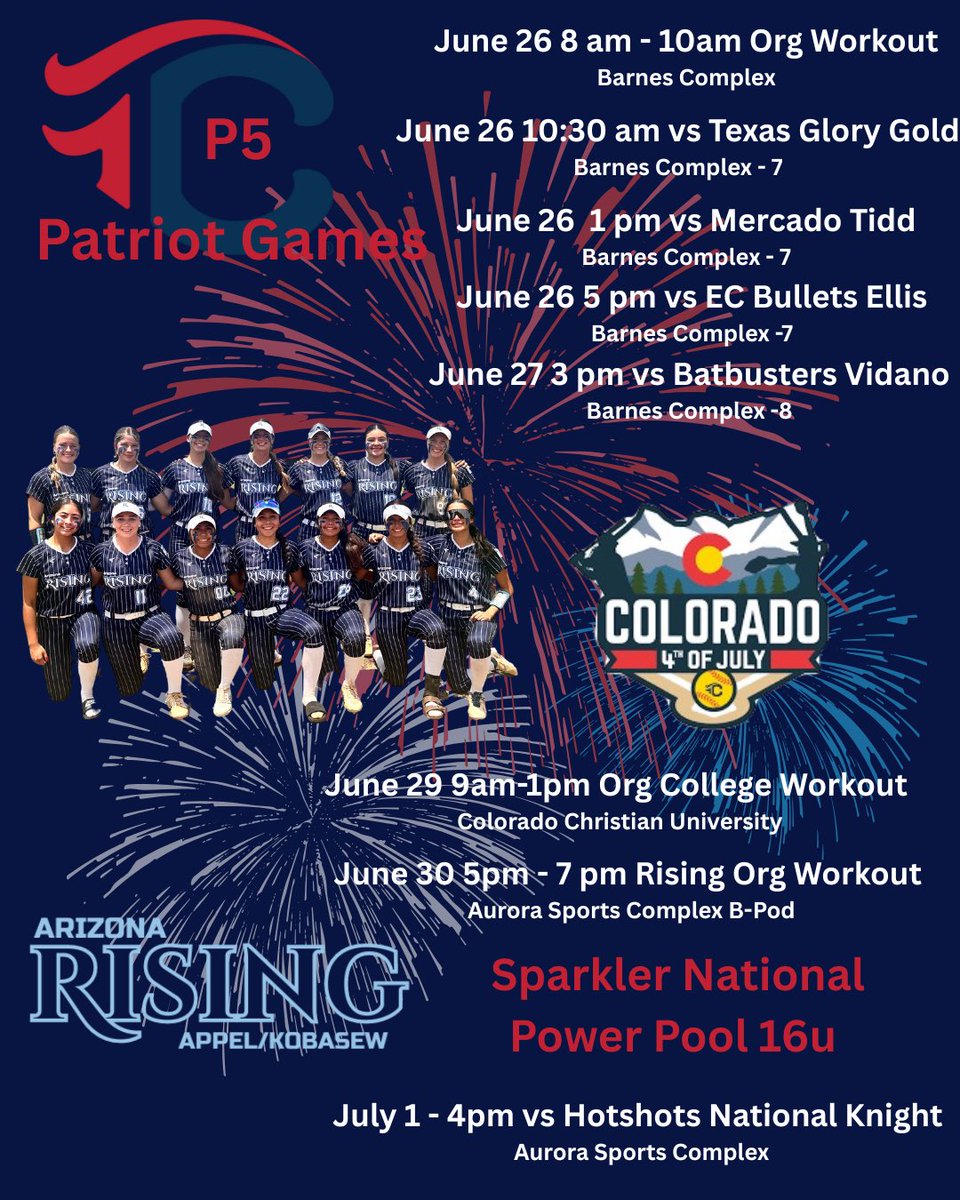 We are excited to get to Colorado and compete! First up, P5 Patriot Games, then CO Sparkler National Power Pool.  #BuiltDifferent #RiseUp #RisingFastpitch