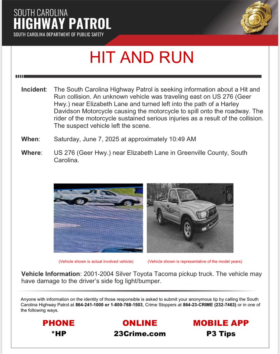 SCHP_Troop_3's tweet photo. We have a hit and run that occurred in Greenville County and we need your help. If you have any information please contact 1-888-274-6372 or *HP (*47) on your mobile device. #scdps #schp #targetzero https://t.co/jkqTvW7sDv