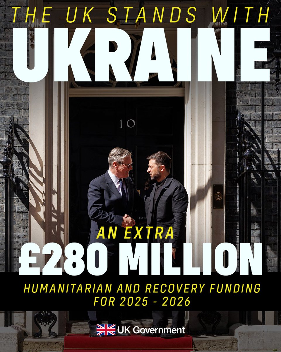 We continue to #StandWithUkraine 🇬🇧🇺🇦

The UK is allocating up to £280 million in humanitarian and recovery funding to Ukraine — helping Ukrainians access vital support as they resist Russia’s illegal invasion.

This brings the total UK non-military aid to over £5 billion.