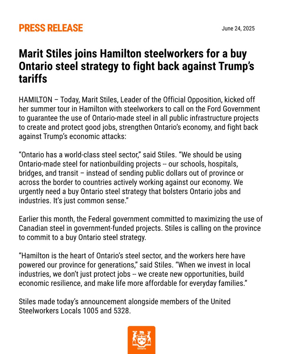 #NEW: Marit Stiles joins Hamilton steelworkers for a buy Ontario steel strategy to fight back against Trump’s tariffs