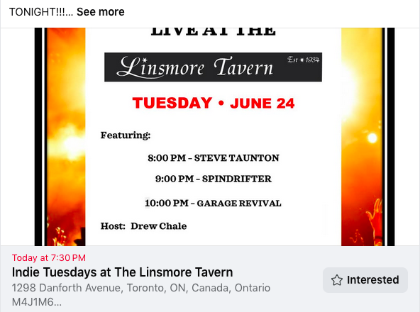 Tonight in Toronto, around the corner from Greenwood subway. Independent artists ply their trade.
Excellent, friendly atmosphere. Cold beer. What else is there, really?
<a href="/LinsmoreTavern/">Linsmore Tavern</a>