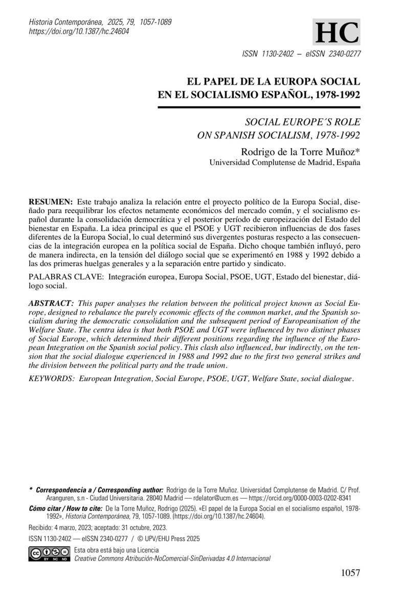 RodDTM2's tweet image. It is a pleasure to announce the publication of the first results of my thesis regarding the role of Social Europe on Spanish socialism between 1978 and 1992. 

ojs.ehu.eus/index.php/HC/a…
