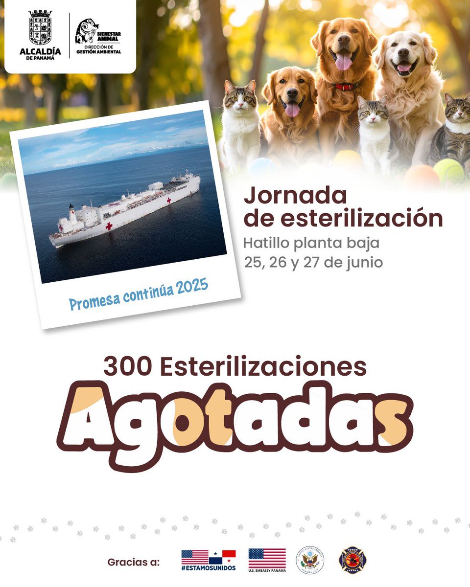 Informamos que las 300 esterilizaciones programadas para los días 25, 26 y 27 de junio en el Hatillo ya están agotadas.

Gracias a todos por su interés y compromiso con el bienestar animal.✨

Muy pronto estaremos anunciando nuevas jornadas. 🐾