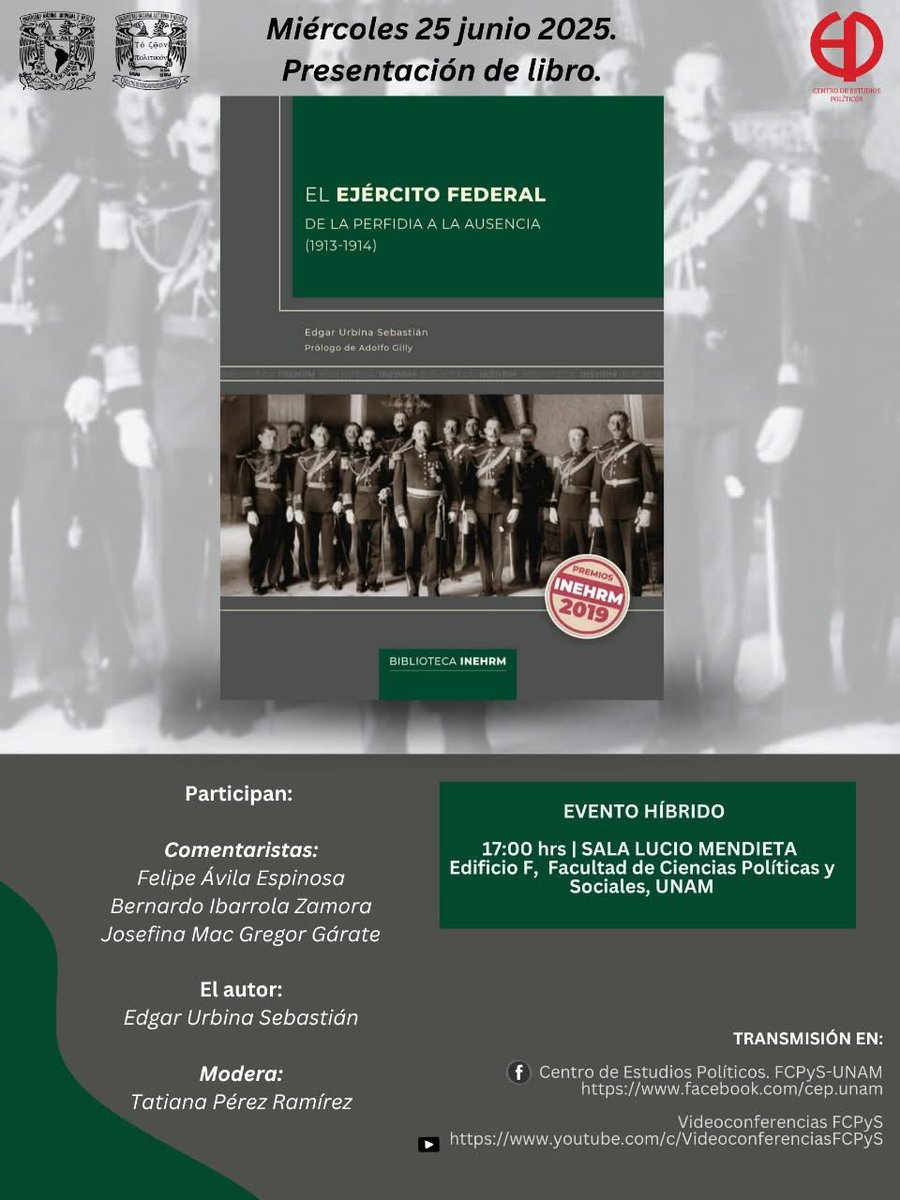 📚Mañana es la presentación del libro de Edgar Urbina Sebastián sobre el ejército federal en 1913-1914.

Nos vemos a las 17 en polacas✨