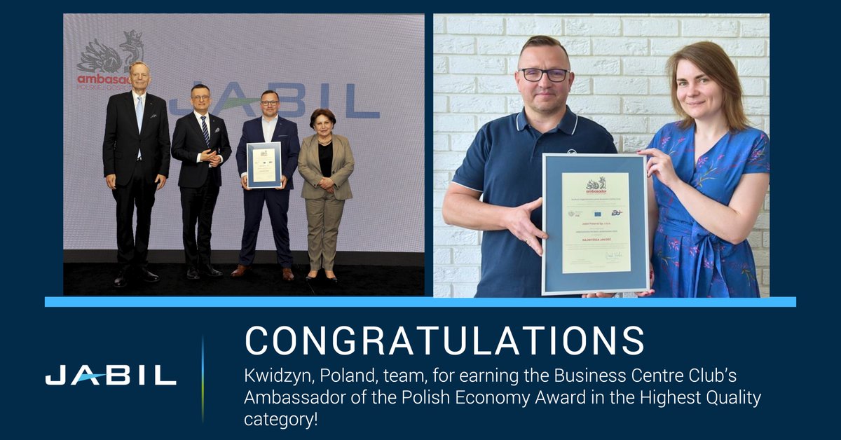 Jabil (@jabil) on Twitter photo Congratulations to Jabil’s team in Kwidzyn, Poland, for receiving the Ambassador of the Polish Economy Award in the Highest Quality category from <a href="/BCCorg/">Business Centre Club</a>!
The site manufactures products for industries like electronics and renewable energy while maintaining the highest quality Congratulations to Jabil’s team in Kwidzyn, Poland, for receiving the Ambassador of the Polish Economy Award in the Highest Quality category from <a href="/BCCorg/">Business Centre Club</a>!
The site manufactures products for industries like electronics and renewable energy while maintaining the highest quality