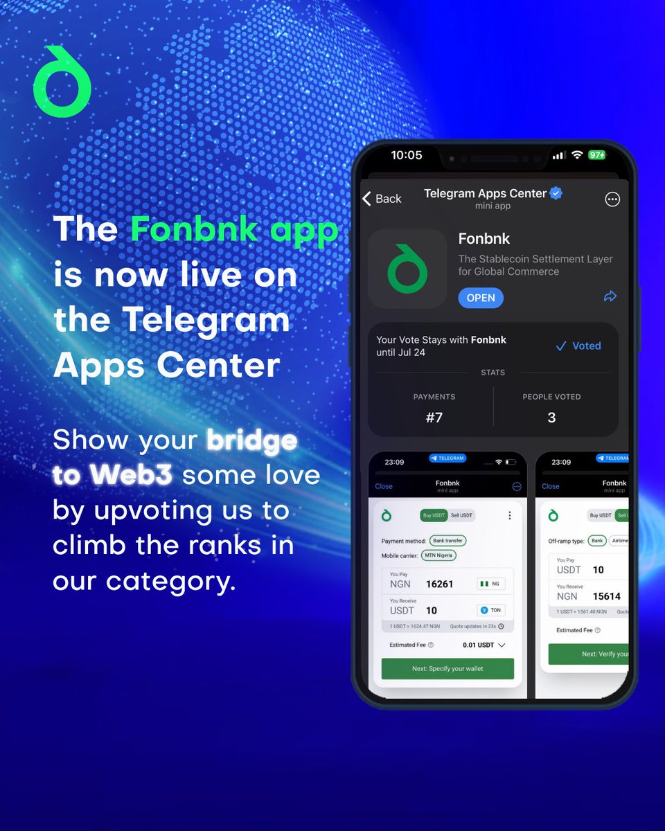 fonbnk1's tweet photo. Hey everyone! 🎉 The Fonbnk app is now live on the Telegram Apps Center! 🚀
Check it out at https://t.co/HDPTKS9vY1. Your votes can help us climb the ranks in our category, so please show some love and upvote!
💪 Invite your friends to join the fun too!
#Fonbnk #TelegramApps https://t.co/KYccOfrZ21