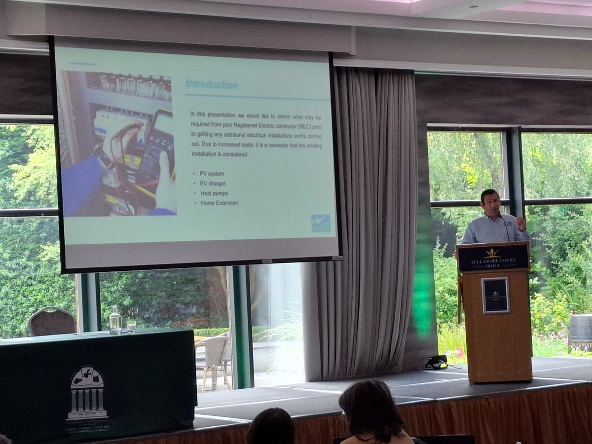 NBCOIreland's tweet image. Neale Dalton and John Cottor, Safe Electric - presenting on the Requirements for installation of and certification of electrical works to existing dwellings.🎙️
