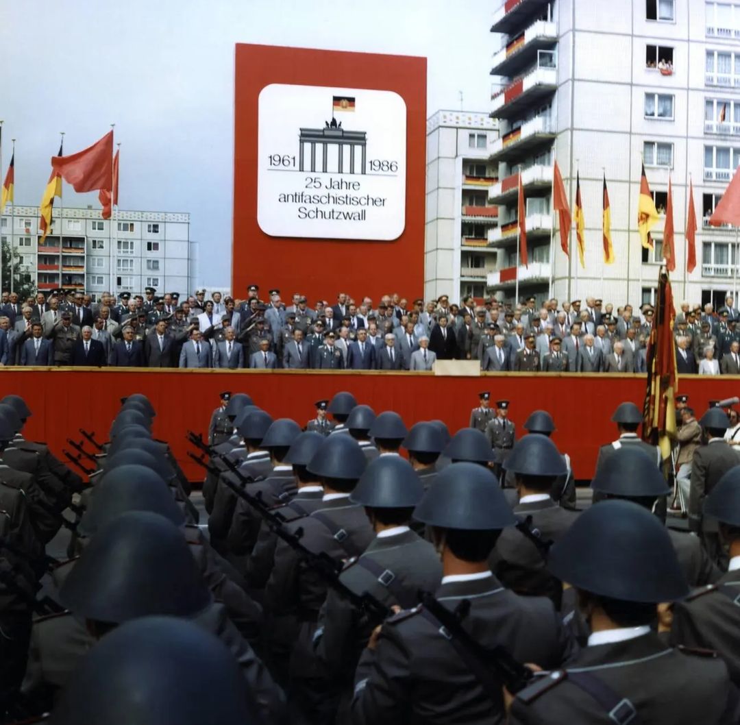 "25 years of the antifascist protective wall" celebration on Karl-Marx-Allee, Berlin, 1986.