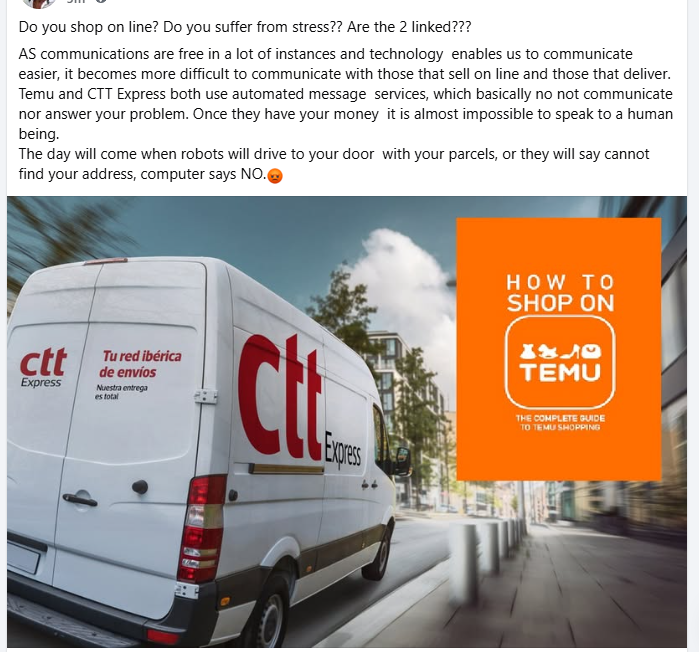 allansharpe's tweet photo. @CTTExpressES Do CTT Express employ cowboy drivers. It took a week to deliver a parcel. For 4 days they said they tried which was a lie. The only time they tried was 1st day when the driver ignored my location  sent sms. https://t.co/HyGZNAkSws