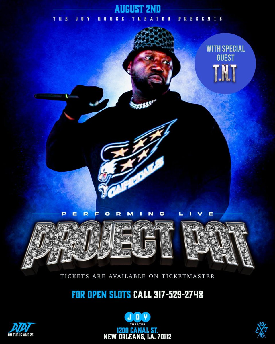 tharealtnt's tweet photo. NEW ORLEANS!!! Get ready for a super lit show!!! @ProjectPatHcp is coming August 2nd to the @JoyTheater and I'll be there to get y'all hyped!! Go to https://t.co/74lZWcak40 and grab your tickets ASAP!!! https://t.co/CopNgOMW9s