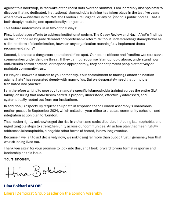HinaBokhariLD's tweet photo. I’ve written to the Mayor of London urging urgent action on Islamophobia training across GLA bodies. Muslims in London face real, growing threats which public institutions are NOT equipped to deal with. We can’t ignore this any longer. Read my letter here⬇️ https://t.co/oLvHPAZkEr