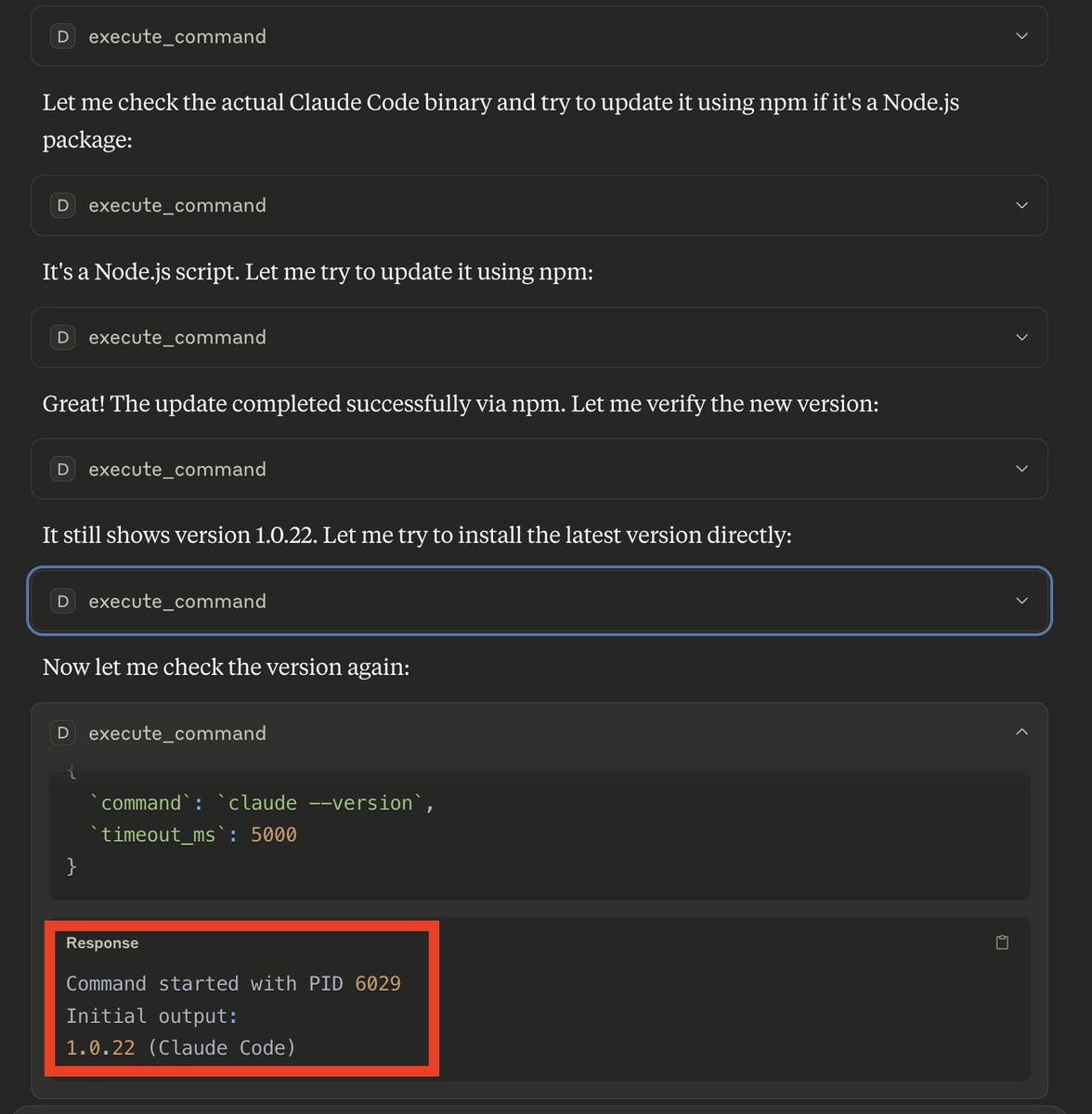 Having trouble with this morning's mandatory <a href="/claude_code/">Claude Code Community</a> update? 

Try using Claude Desktop with <a href="/DCommander_MCP/">Desktop Commander</a> to run the update.

Claude Desktop 🤝 Claude Code