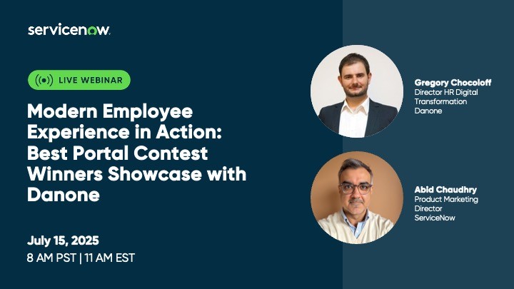 Join Abid and Gregory from Danone - the grand prize winner of our 2025 Best Employee Portal Contest who replaced 27 regional intranet sites with ServiceNow to streamline the digital landscape for their employees and help them to be more productive. 

spr.ly/60144jXKg