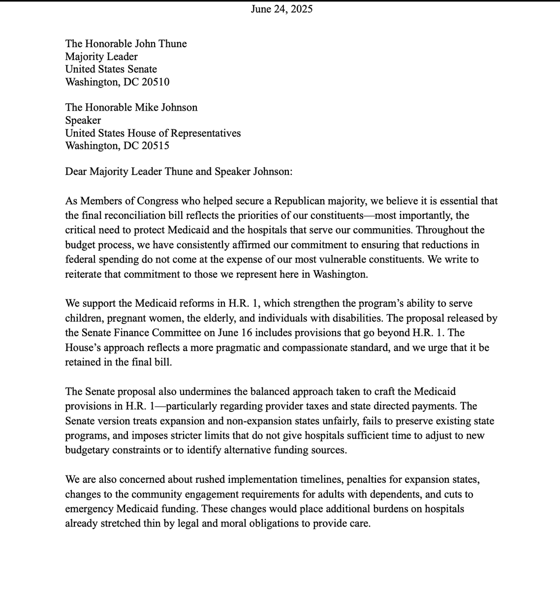 reesejgorman's tweet photo. New: 16 House Republicans sent a letter to Thune and Johnson opposing the Senate's proposed Medicaid cuts, suggesting that they are prepared to vote against the legislation.
"We cannot support a final bill that threatens access to coverage or jeopardizes the stability of our hospitals and providers."