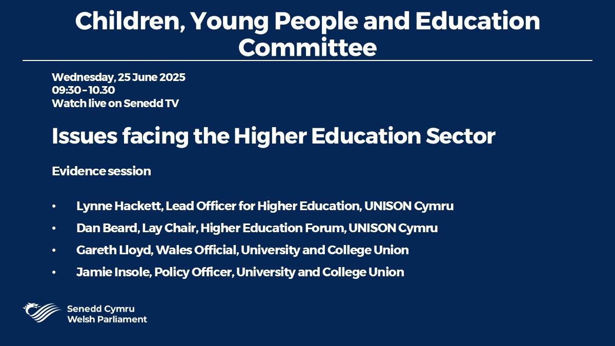 SeneddChildren's tweet image. 🕤09:30 📺Watch Live on Senedd.TV
We have with us @UNISONWales and @UCUCymru giving evidence on the issues facing the HE Sector
📑Agenda: business.senedd.wales/ieListDocument…