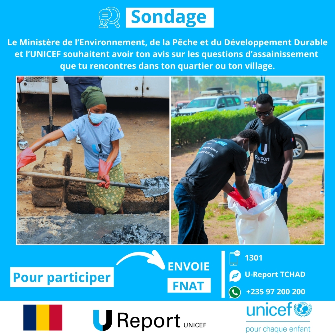 UReportChad's tweet photo. Tu vois les ordures partout ? Les caniveaux bouchés ?
Tu as des idées pour changer ça ? 💡
Ce sondage est pour toi !
📲 Pour participer, envoie FNAT :
✔️ par SMS au 1301 (gratuit)
✔️ via WhatsApp au 97 200 200
#FNAT #UReportTchad #TaVoixCompte https://t.co/gL32LawNbu