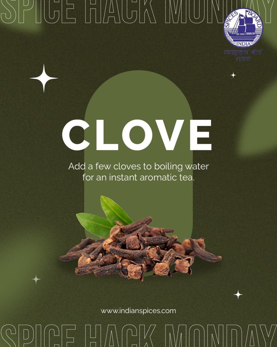 Spices_Board's tweet photo. Brewed on the go, clove tea is a quick, comforting fix for sore throats and sluggish moods. Just a few buds infuse your cup with warmth, spice, and wellness.
#SpiceHackMonday #CloveTea #QuickBrew #AromaticRelief #SpiceItUp https://t.co/5f6epTcFWQ