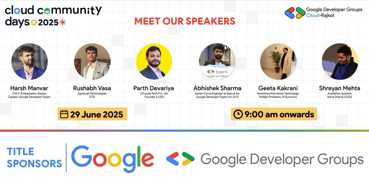 d_p_gohel's tweet photo. 🚀 Cloud Community Days 2025 is coming to Atmiya University!

🎉 Proud to be the Partner for this mega tech event with @gdgcloudrajkot.

📍 Rajkot | 📅 29 June 2025

Let’s learn, network &amp; grow!

#CloudCommunityDays #GDG #AtmiyaUniversity #AI #Cloud #TechEvents https://t.co/S9IdM7sPfs