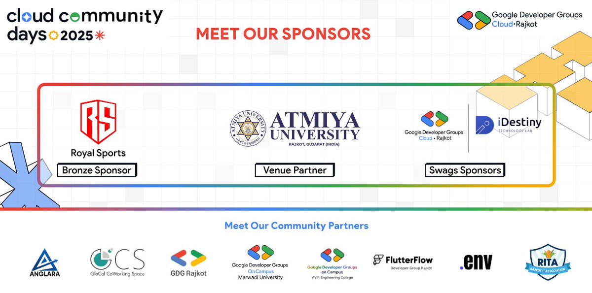 d_p_gohel's tweet photo. 🚀 Cloud Community Days 2025 is coming to Atmiya University!

🎉 Proud to be the Partner for this mega tech event with @gdgcloudrajkot.

📍 Rajkot | 📅 29 June 2025

Let’s learn, network &amp; grow!

#CloudCommunityDays #GDG #AtmiyaUniversity #AI #Cloud #TechEvents https://t.co/S9IdM7sPfs