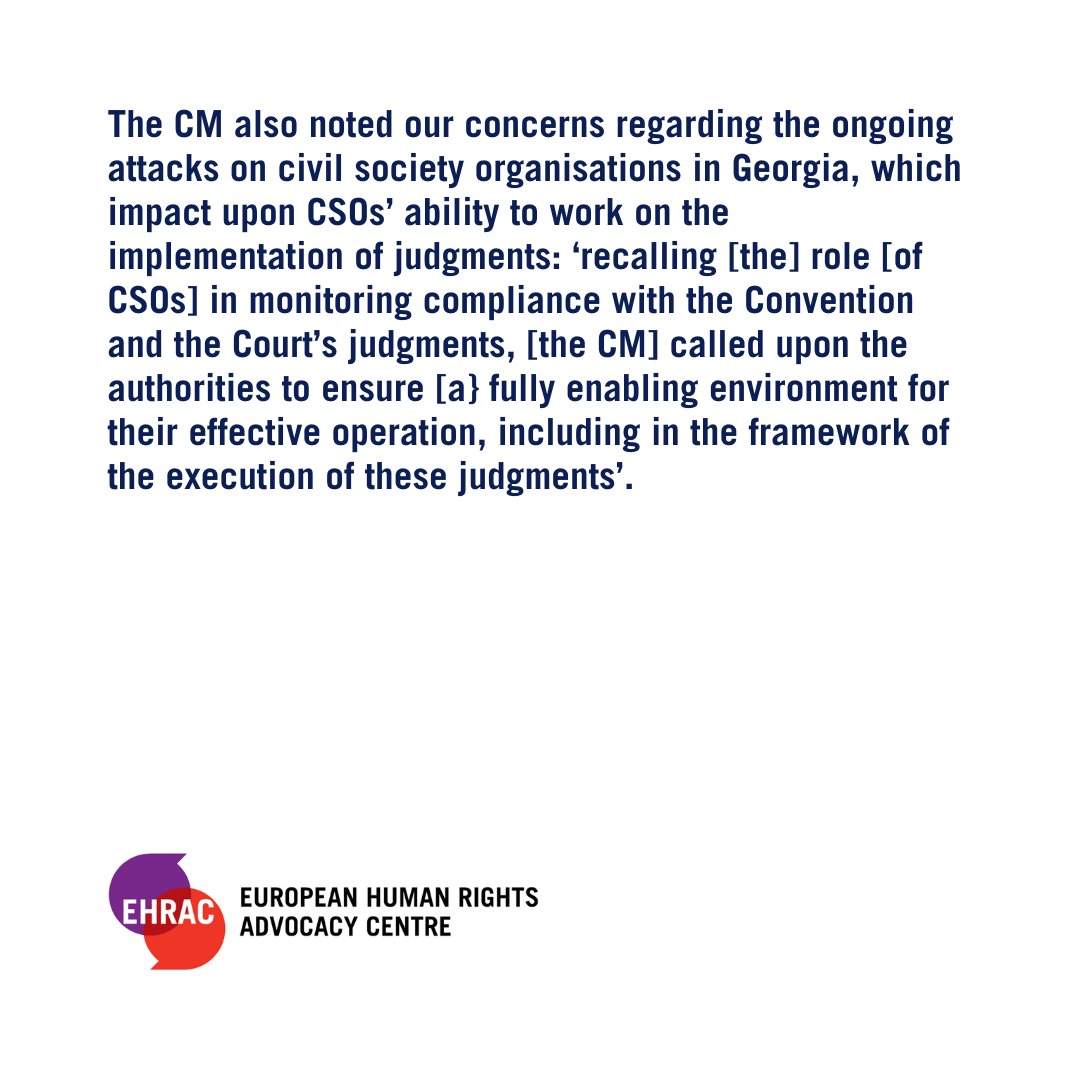 European Human Rights Advocacy Centre (EHRAC) (@ehrac_hq) on Twitter photo At its June meeting, the <a href="/coe/">Council of Europe</a> Committee of Ministers-Droits Humain (CM-DH) reviewed the implementation of judgments in a number of cases co-litigated by EHRAC.
The Tsintsabadze group consists of 18 judgments concerning the use of excessive force by Georgian law enforcement. ā¬ļø At its June meeting, the <a href="/coe/">Council of Europe</a> Committee of Ministers-Droits Humain (CM-DH) reviewed the implementation of judgments in a number of cases co-litigated by EHRAC.
The Tsintsabadze group consists of 18 judgments concerning the use of excessive force by Georgian law enforcement. ā¬ļø