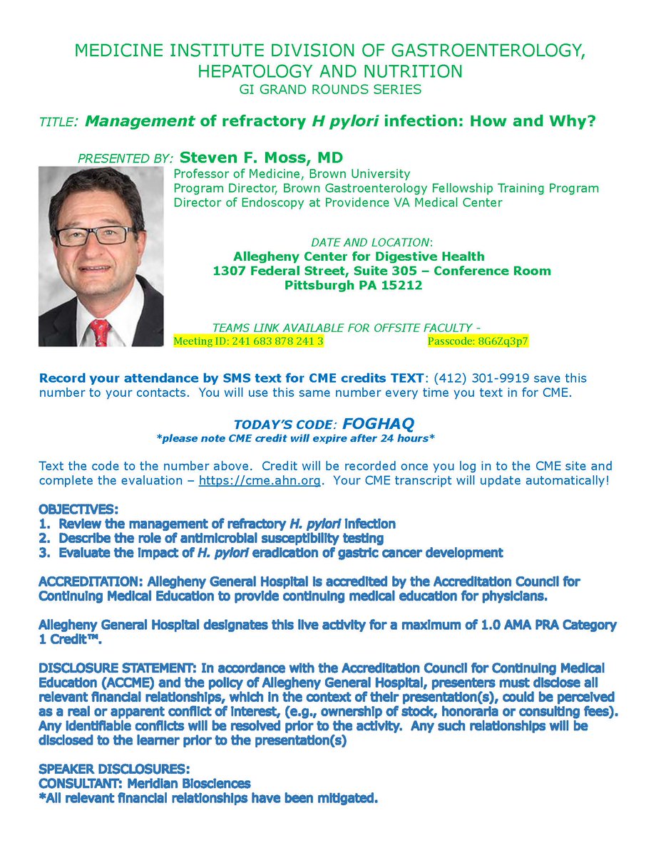 AHN Gastroenterology, Hepatology and Nutrition (@ahngastro) on Twitter photo Tackling tough H. pylori cases? 🦠 Join Dr. Steven Moss (Brown University) at AHN Gastroenterology's Grand Rounds on Thursday, June 26, 2025 to review refractory management, antimicrobial testing, & cancer risk. Registration information below #gastroenterology #Hpylori #CME Tackling tough H. pylori cases? 🦠 Join Dr. Steven Moss (Brown University) at AHN Gastroenterology's Grand Rounds on Thursday, June 26, 2025 to review refractory management, antimicrobial testing, & cancer risk. Registration information below #gastroenterology #Hpylori #CME