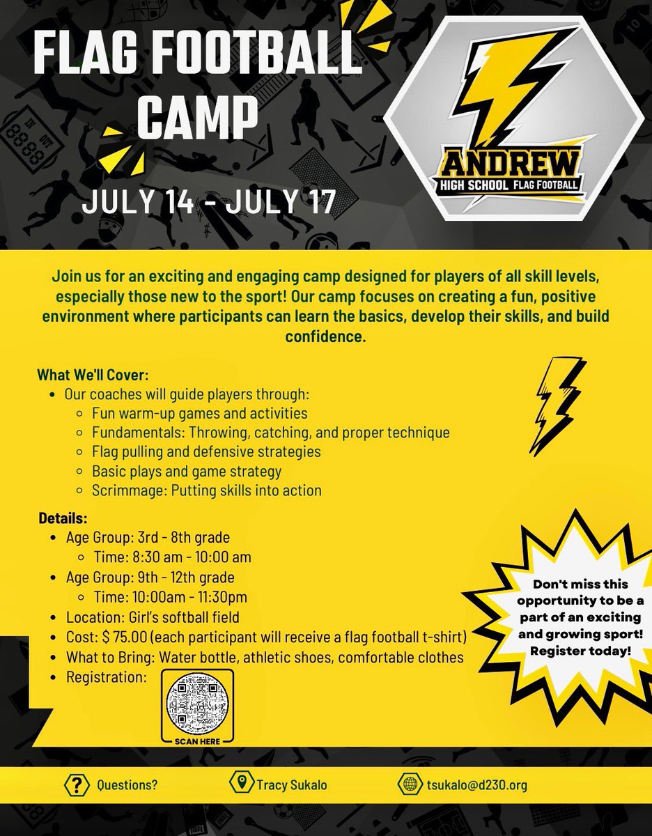 Andrew Athletics (@vjabolts) on Twitter photo We have great summer camps in July
The newest sport & 32nd sport offered by Andrew Athletics is Flag Football with Head Coach <a href="/SukaloTracy/">Tracy Sukalo</a>
They will host their inaugural summer camp from July 14-17
Check out the flyer
register using the link below 👇
d230.revtrak.net/andrew-summer-… We have great summer camps in July
The newest sport & 32nd sport offered by Andrew Athletics is Flag Football with Head Coach <a href="/SukaloTracy/">Tracy Sukalo</a>
They will host their inaugural summer camp from July 14-17
Check out the flyer
register using the link below 👇
d230.revtrak.net/andrew-summer-…